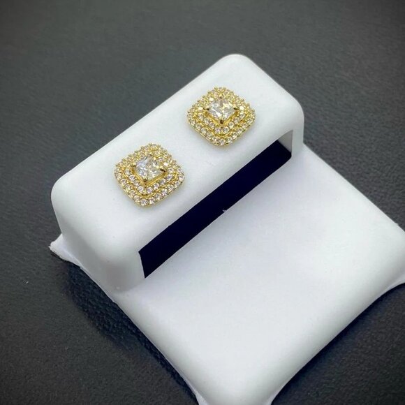 Baby Womens  Square Stud Earrings 14K Real Gold Push Back Baguette 2 Row CZ - Picture 4 of 6